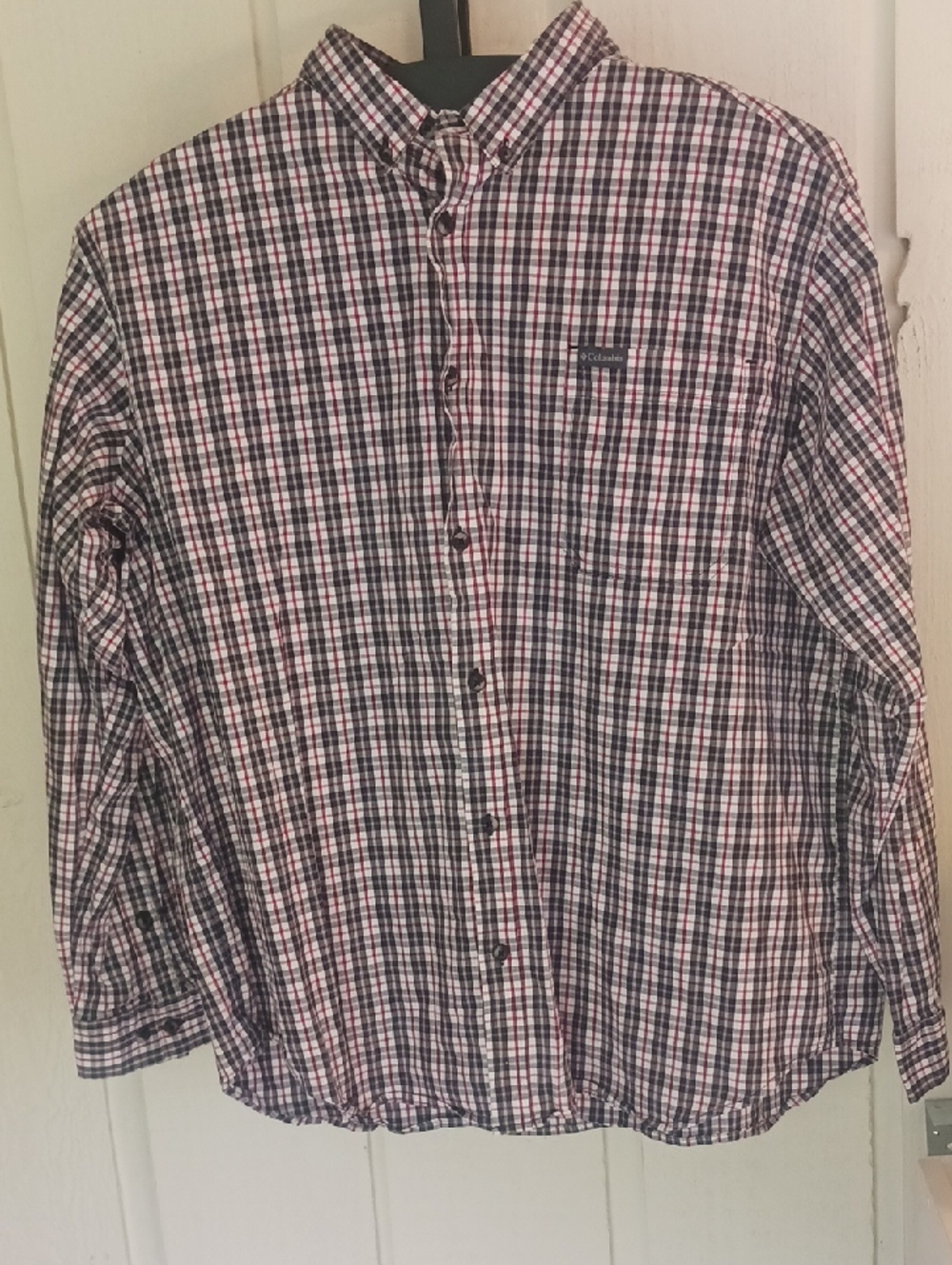 Columbia Men’s Red, Navy and White Plaid Button-Down Shirt